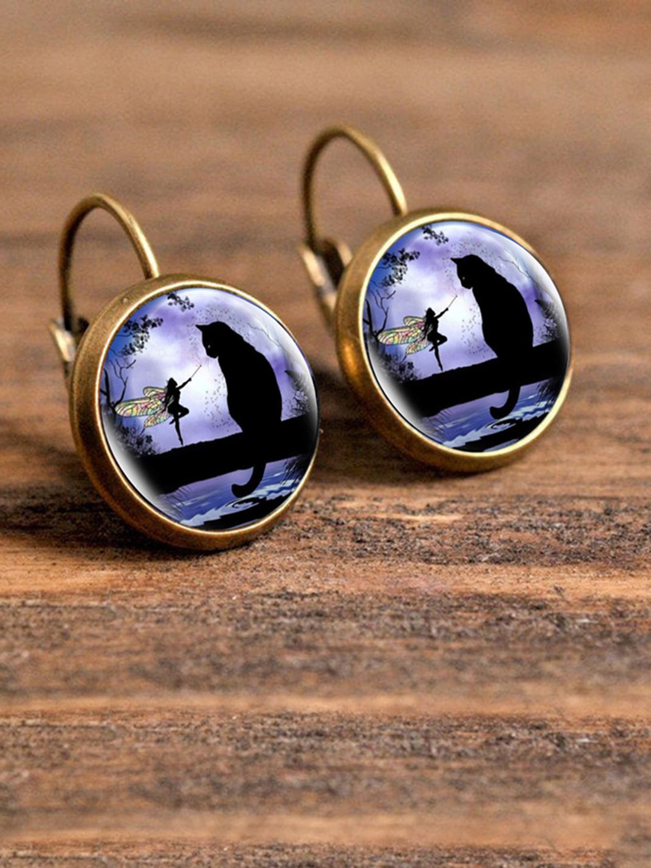 1 pieza Pendientes de diseño redondo con estampado de gato Joyas de cobre - Multicolor - Ver 1