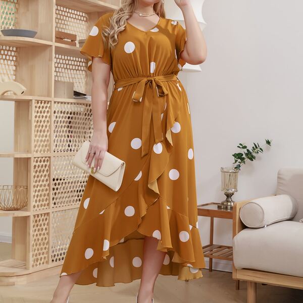 

Plus Polka Dot Print V Neck Wrap Hem Belted Dress, Mustard yellow
