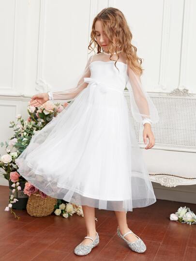 SHEIN Girls Lantern Sleeve Belted Mesh Dress