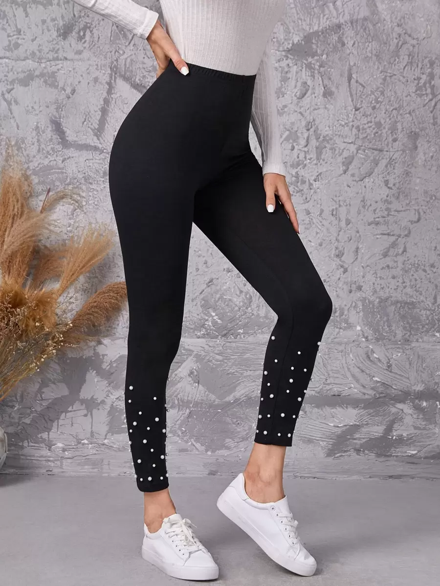 EMERY ROSE High Waist Pearl Beaded Leggings - Black - View 1