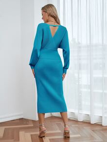 Mulvari Cut Out Back Wrap Jumper & Knit Skirt - Mint Blue - View 2