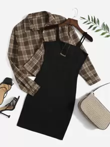 SHEIN Unity Plaid Jacket & Cami Dress - Multicolor - View 1