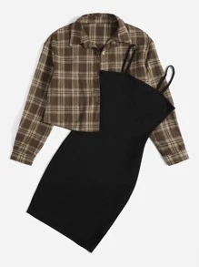 SHEIN Unity Plaid Jacket & Cami Dress - Multicolor - View 4