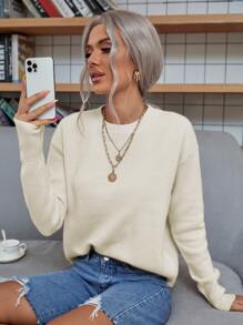 SHEIN LUNE Solid Drop Shoulder Jumper - Beige - View 1