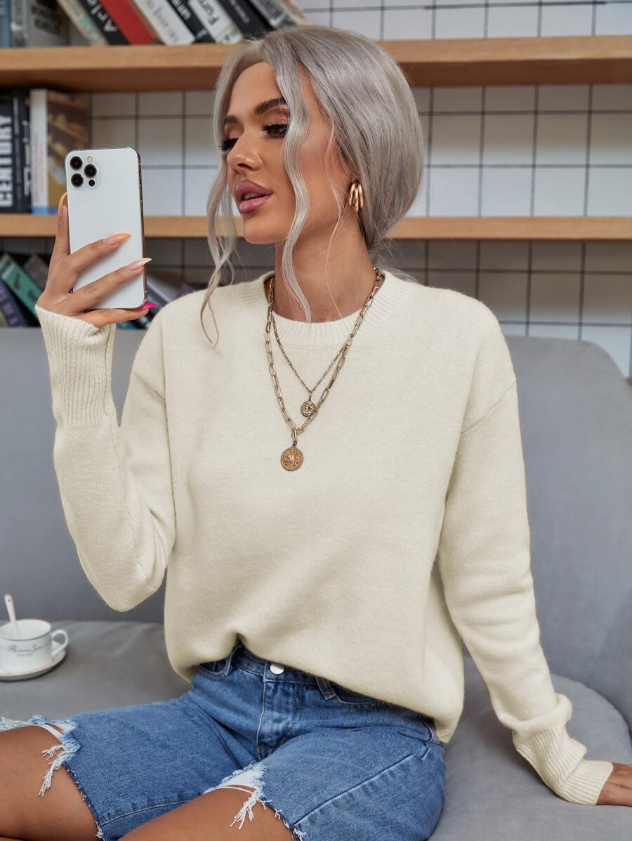 SHEIN LUNE Solid Drop Shoulder Jumper - Beige - View 1