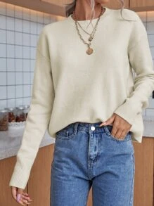 SHEIN LUNE Solid Drop Shoulder Jumper - Beige - View 5