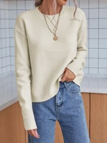 SHEIN LUNE Solid Drop Shoulder Jumper - Beige - View 6