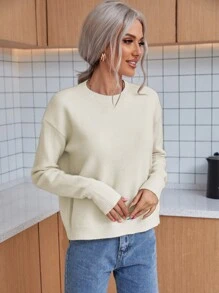 SHEIN LUNE Solid Drop Shoulder Jumper - Beige - View 7