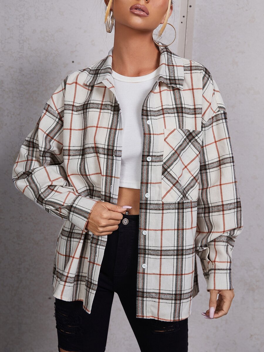 SHEIN EZwear 格紋前排扣前口袋襯衫 - 彩色 - 查看 1