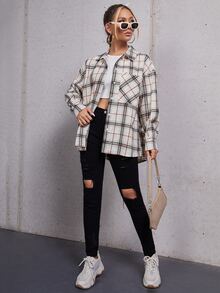 SHEIN EZwear 格紋前排扣前口袋襯衫 - 彩色 - 查看 4