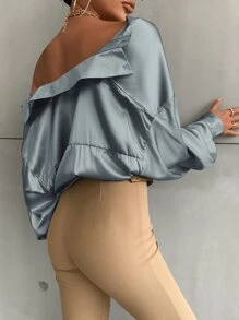 Aveloria Bishop Sleeve Button Up Solid Shirt - Dusty Blue - View 2