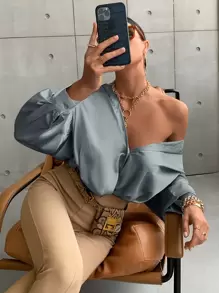 Aveloria Bishop Sleeve Button Up Solid Shirt - Dusty Blue - View 3