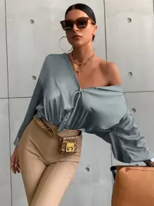 Aveloria Bishop Sleeve Button Up Solid Shirt - Dusty Blue - View 4