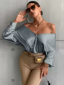 Aveloria Bishop Sleeve Button Up Solid Shirt - Dusty Blue - View 5