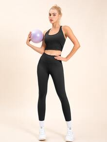 High Waist Quick-Drying Shaping Sports Leggings - Black - View 8