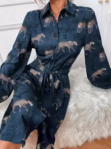 滿版動物印花腰帶襯衫洋裝 - 彩色 - 查看 1