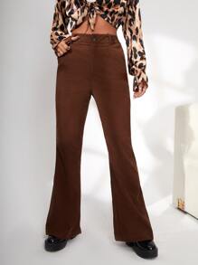 High Waist Corduroy Flare Leg Trousers - Chocolate Brown - View 2