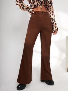 High Waist Corduroy Flare Leg Trousers - Chocolate Brown - View 4