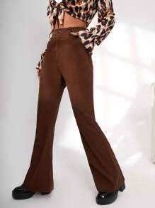 High Waist Corduroy Flare Leg Trousers - Chocolate Brown - View 1