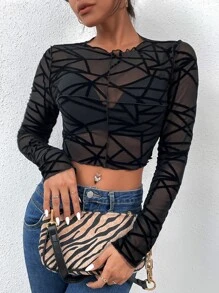 蜘蛛網印花木耳邊不附胸罩短款上衣 - 黑色 - 查看 1