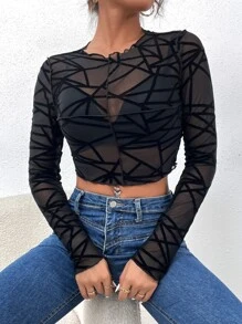 蜘蛛網印花木耳邊不附胸罩短款上衣 - 黑色 - 查看 3