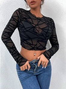 蜘蛛網印花木耳邊不附胸罩短款上衣 - 黑色 - 查看 5