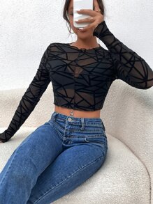 蜘蛛網印花木耳邊不附胸罩短款上衣 - 黑色 - 查看 6
