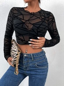 蜘蛛網印花木耳邊不附胸罩短款上衣 - 黑色 - 查看 7