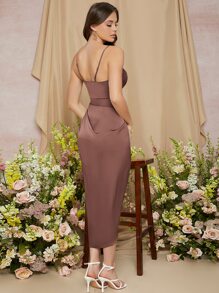 SHEIN Belle Vestido sólido con volantes y bajo asimétrico, vestido para invitada de boda, vestido semi formal, vestido elegante para fiesta de graduación, cena y eventos, vestido de gala - Marrón Chocolate - Ver 2