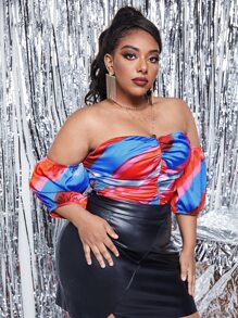 SHEIN SXY Plus Colourblock Ruched Off Shoulder Satin Bodysuit - Multicolor - View 1