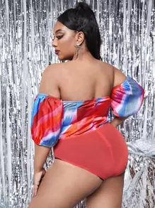 SHEIN SXY Plus Colourblock Ruched Off Shoulder Satin Bodysuit - Multicolor - View 2