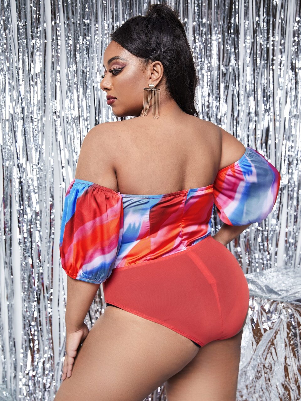 Plus Colorblock Ruched Off Shoulder Satin Bodysuit