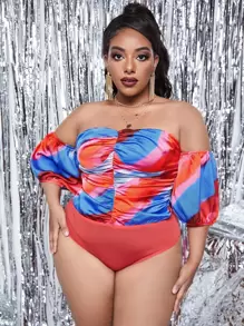 SHEIN SXY Plus Colourblock Ruched Off Shoulder Satin Bodysuit - Multicolor - View 3