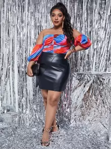 SHEIN SXY Plus Colourblock Ruched Off Shoulder Satin Bodysuit - Multicolor - View 5