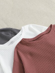 3sets Solid Waffle Knit Top & Trousers Lounge Set - Multicolor - View 3