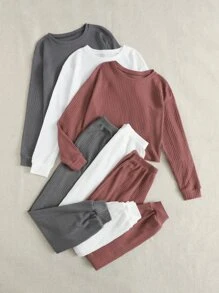 3sets Solid Waffle Knit Top & Trousers Lounge Set - Multicolor - View 4