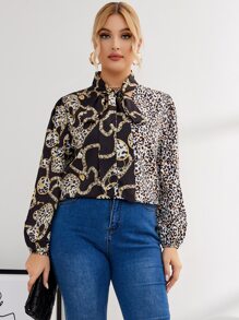 Plus Chain And Leopard Print Tie Neck Blouse - Multicolor - View 1