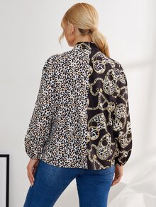 Plus Chain And Leopard Print Tie Neck Blouse - Multicolor - View 2