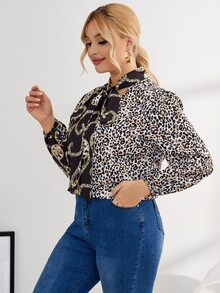 Plus Chain And Leopard Print Tie Neck Blouse - Multicolor - View 3