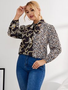 Plus Chain And Leopard Print Tie Neck Blouse - Multicolor - View 4