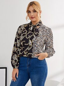 Plus Chain And Leopard Print Tie Neck Blouse - Multicolor - View 5