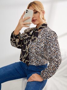 Plus Chain And Leopard Print Tie Neck Blouse - Multicolor - View 6