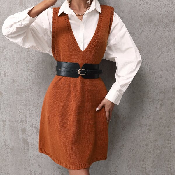 

V-neck Solid Sweater Dress Without Blouse, Rust brown