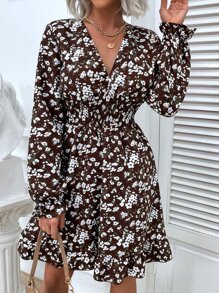 印花荷葉袖腰部打褶荷葉邊連衣裙 - 彩色 - 查看 1