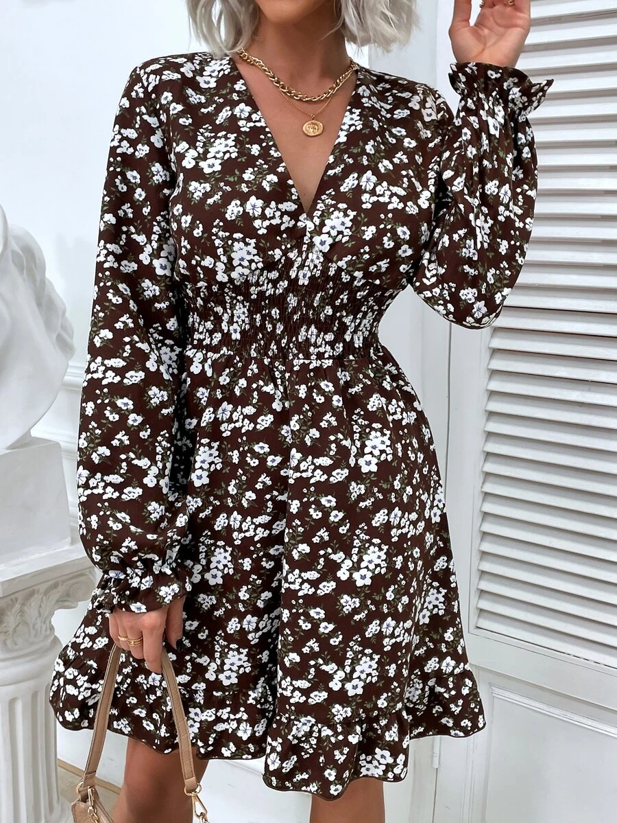 印花荷葉袖腰部打褶荷葉邊連衣裙 - 彩色 - 查看 1