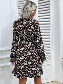 印花荷葉袖腰部打褶荷葉邊連衣裙 - 彩色 - 查看 2