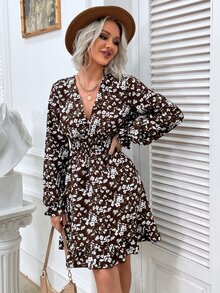 印花荷葉袖腰部打褶荷葉邊連衣裙 - 彩色 - 查看 3