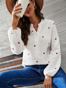 EURMUSE Notched Heart Print Lantern Sleeve Blouse - White - View 6