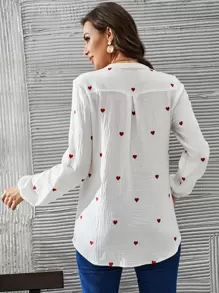 EURMUSE Notched Heart Print Lantern Sleeve Blouse - White - View 2