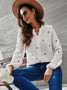 EURMUSE Notched Heart Print Lantern Sleeve Blouse - White - View 4